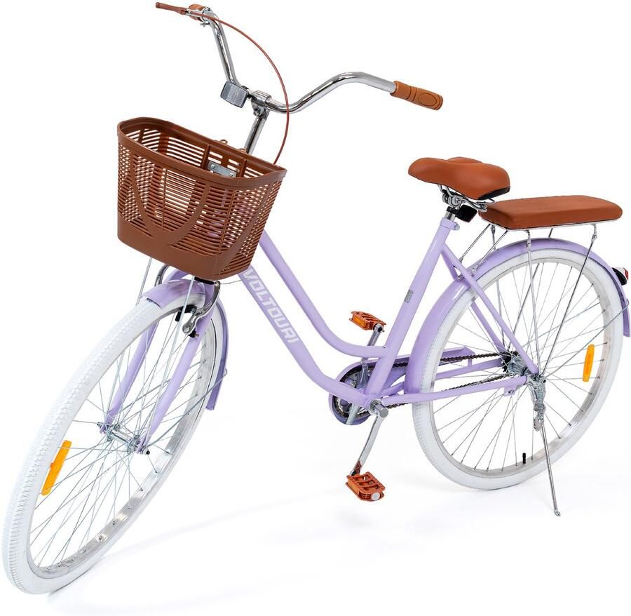 THUNDER VOLTOURI Damesfiets 28 Inch Retro Stalen Frame Mand & Bagagedrager 1 Versnelling lila