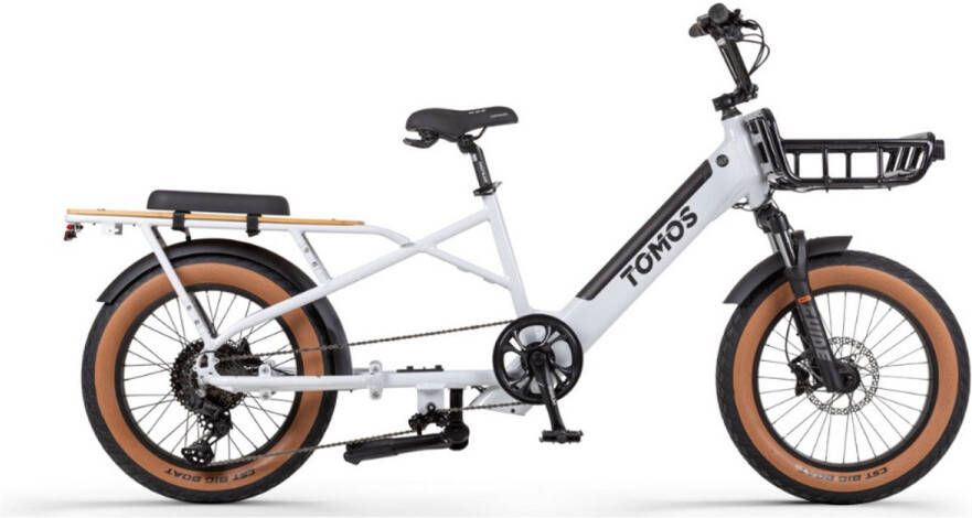 Tomos E-Cargo Fat 2 Longtail Elektrische Fatbike Gratis Voordrager Gratis Bamboe Plaat Gratis Zitkussen 20 Inch 250W Motor 10 Versnellingen 90 km Actieradius Hydraulische Schijfrem Glossy White