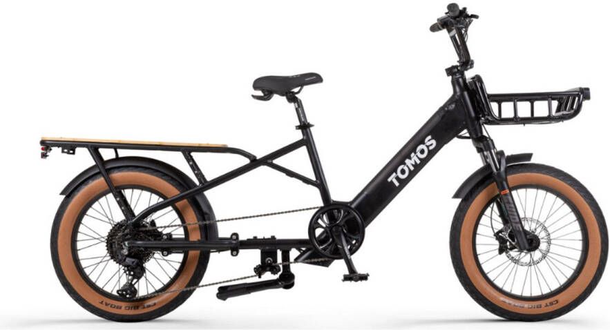 Tomos E-Cargo Fat 2 Longtail Elektrische Fatbike Gratis Voordrager Gratis Bamboe Plaat Gratis Zitkussen 20 Inch 250W Motor 10 Versnellingen 90 km Actieradius Hydraulische Schijfrem Glossy Black