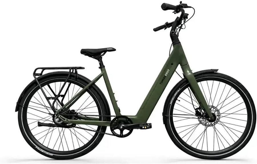 Tomos EB 03 Elektrische Fiets 28 inch 250W motor Actieradius tot 70 km Hydraulische schijfrem 360Wh accu Lage instap Olijfgroen Mat