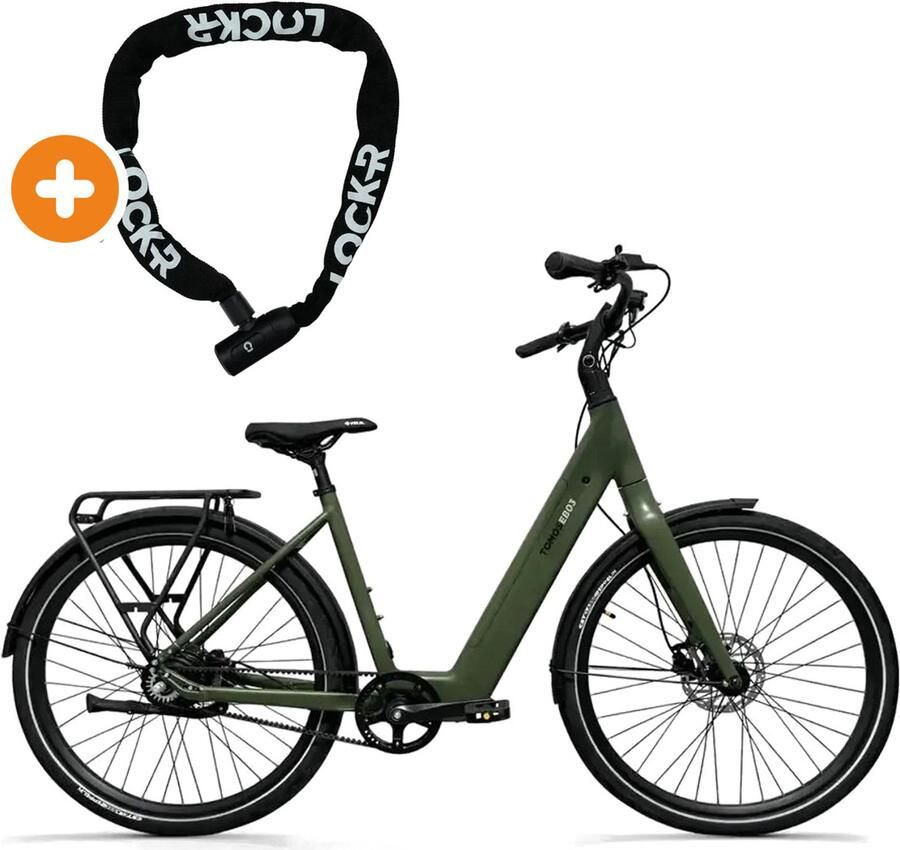 Tomos EB 03 Elektrische Fiets 28 inch 250W motor Actieradius tot 70 km Hydraulische schijfrem 360Wh accu Lage instap Olijfgroen Mat