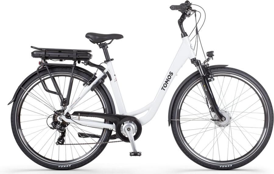Tomos EB 05 Elektrische Fiets Glanzend Wit 28 inch 50 cm Accu 522Wh 250W Ananda Voorwielmotor Shi o Tourney 7 Versnellingen V-Brake Rem