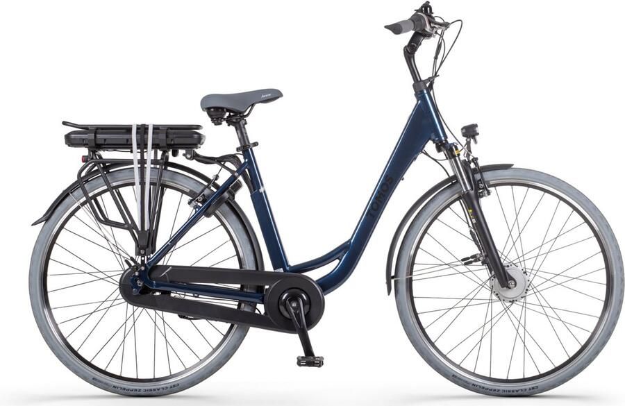 Tomos EB 06 Elektrische Fiets Glanzend Donkerblauw 28 inch 55 cm Accu 522Wh 250W Ananda Voorwielmotor Shi o Nexus 7 Versnellingen V-Brake Rem