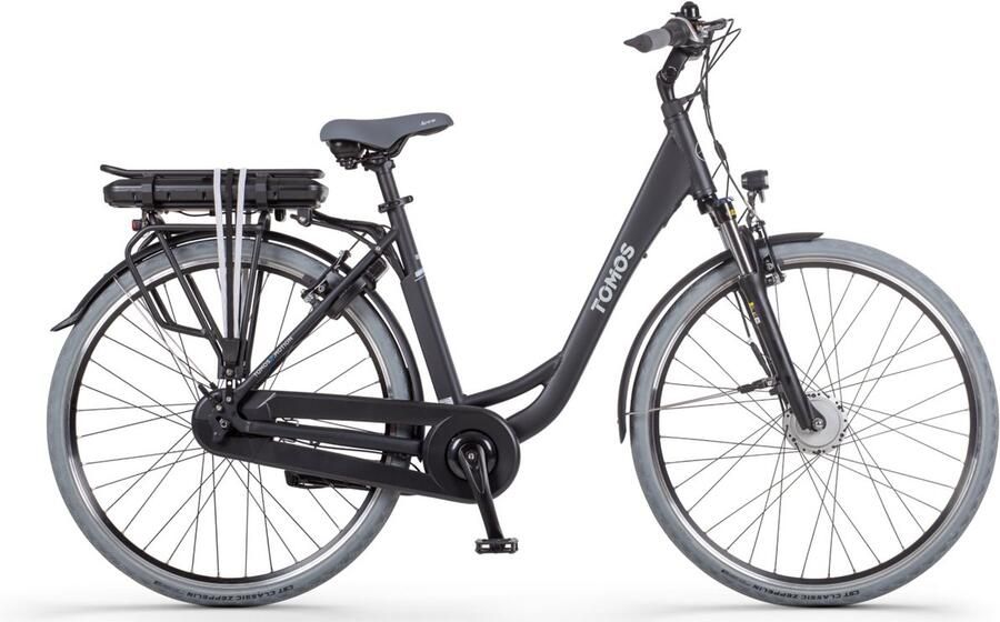 Tomos EB 06 Elektrische Fiets Mat Zwart 28 inch 50 cm Accu 522Wh 250W Ananda Voorwielmotor Shi o Nexus 7 Versnellingen V-Brake Rem
