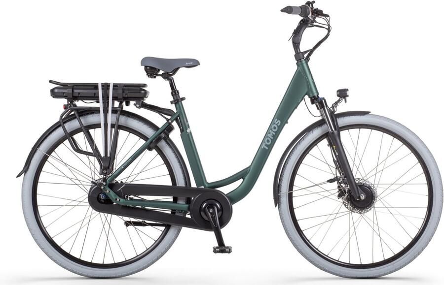 Tomos EB 07 Elektrische Fiets Mat Groen 28 inch 50 cm Accu 522Wh 250W Ananda Voorwielmotor Shi o Nexus 7 Versnellingen Hydraulische Schijfrem