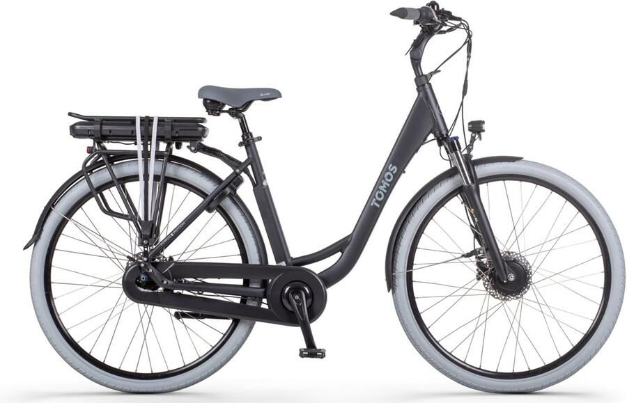 Tomos EB 07 Elektrische Fiets Mat Zwart 28 inch 55 cm Accu 522Wh 250W Ananda Voorwielmotor Shi o Nexus 7 Versnellingen Hydraulische Schijfrem