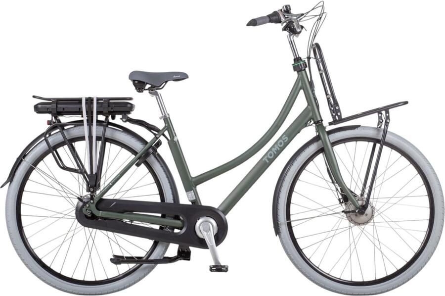Tomos EB 09 Elektrische Fiets Mat Khaki 28 inch 50 cm Accu 522Wh 250W Ananda Voorwielmotor Shi o Nexus 7 Versnellingen Rollerbrakes