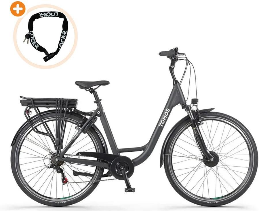 Tomos EB 11 Elektrische Fiets 28 inch 250W motor Actieradius tot 140 km 7 versnellingen 626Wh accu Lage instap Antraciet Mat