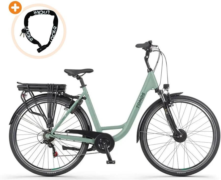 Tomos EB 11 Elektrische Fiets 28 inch 250W motor Actieradius tot 140 km 7 versnellingen 626Wh accu Lage instap Mintgroen Mat