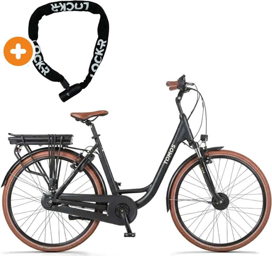 Tomos EB 12 Elektrische Fiets 28 inch 250W motor Actieradius tot 140 km 7 versnellingen 626Wh accu Lage instap Zwart Mat