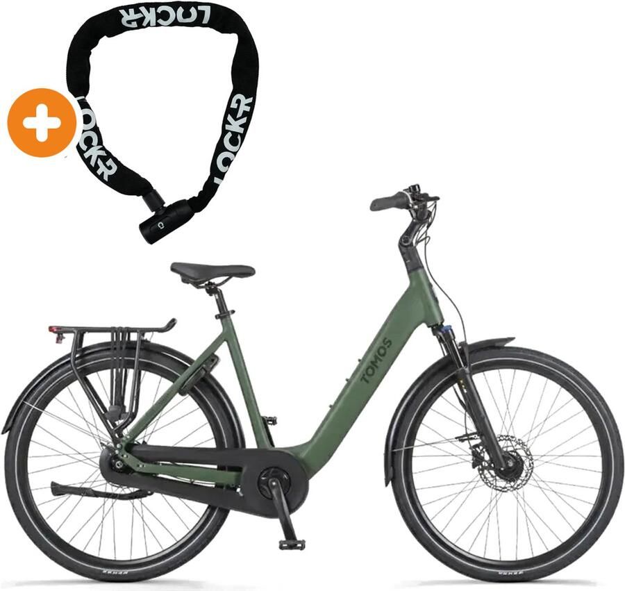 Tomos EB 14 Elektrische Fiets 28 inch 250W motor Actieradius tot 160 km 7 versnellingen Hydraulische schijfrem Legergroen Mat