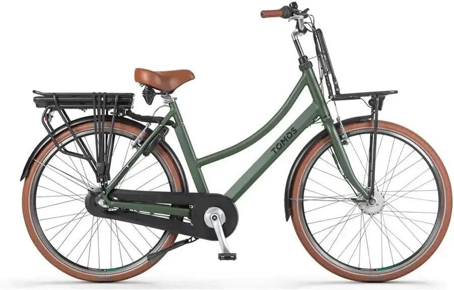 Tomos EB 15 Elektrische Fiets 28 inch 250W motor Actieradius tot 140 km 3 versnellingen 626Wh accu Lage instap Legergroen Mat