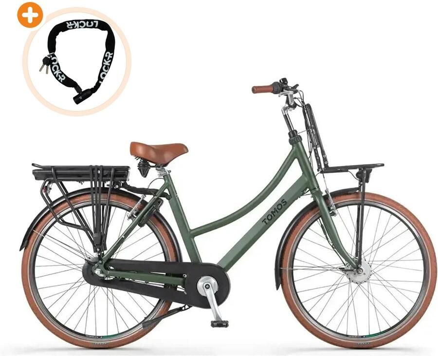 Tomos EB 15 Elektrische Fiets 28 inch 250W motor Actieradius tot 140 km 3 versnellingen 626Wh accu Lage instap Legergroen Mat