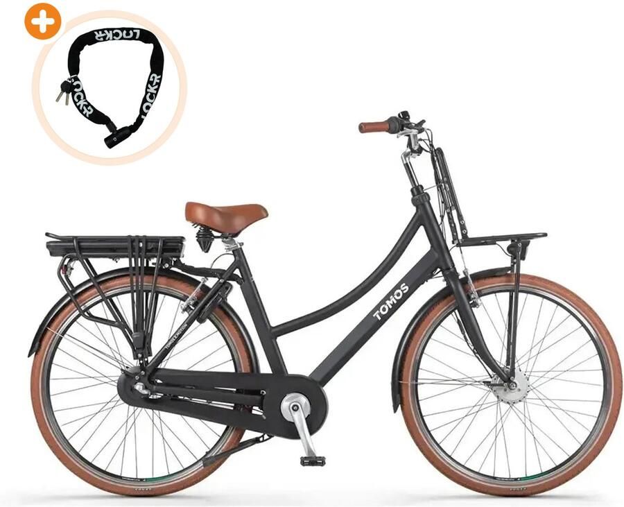 Tomos EB 15 Elektrische Fiets 28 inch 250W motor Actieradius tot 140 km 3 versnellingen 626Wh accu Lage instap Zwart Mat