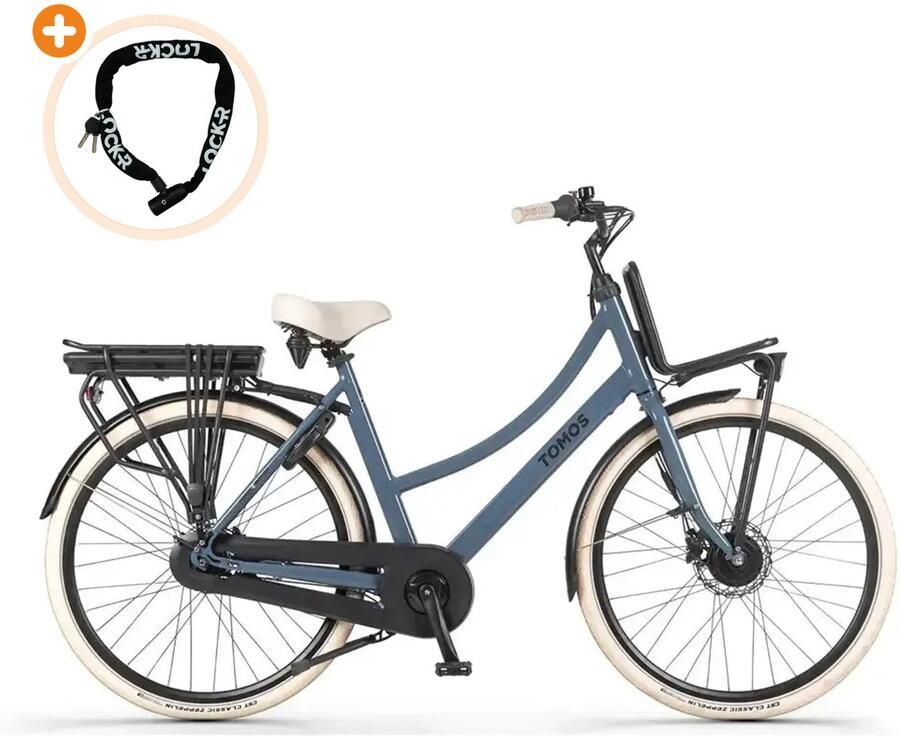 Tomos EB 16 Elektrische Fiets 28 inch 250W motor Actieradius tot 140 km 7 versnellingen Hydraulische schijfrem Blauwgrijs Glans