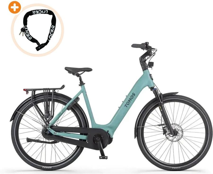 Tomos EB 18 Elektrische Fiets 28 inch 250W motor Actieradius tot 160 km 7 versnellingen Hydraulische schijfrem Grindgroen Mat