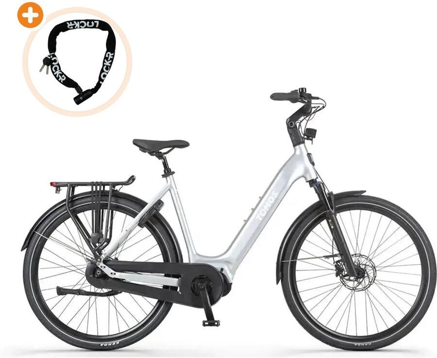 Tomos EB 18 Elektrische Fiets 28 inch 250W motor Actieradius tot 160 km 7 versnellingen Hydraulische schijfrem Zilver Champagne Glans