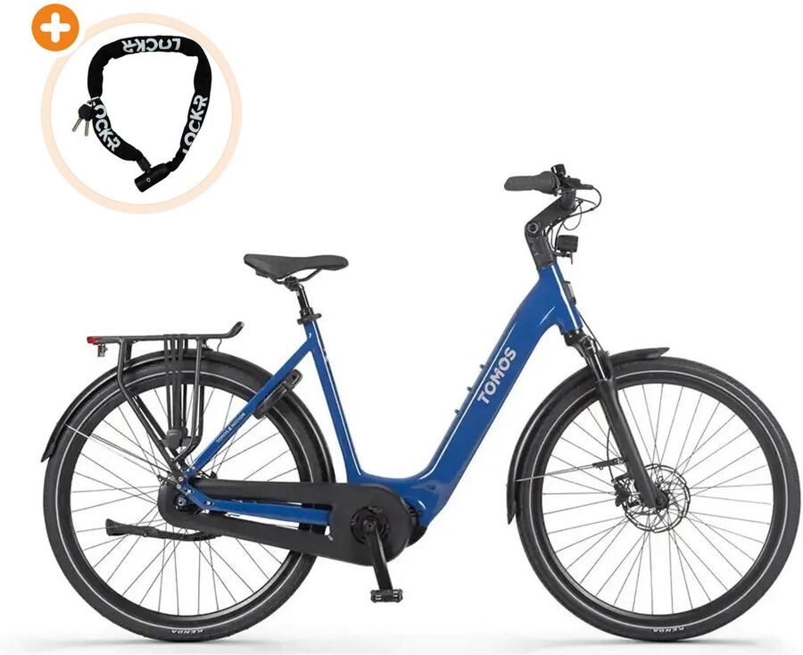 Tomos EB 20 Elektrische Fiets 28 inch 250W motor Actieradius tot 160 km 7 versnellingen Hydraulische schijfrem Blauw Saffier Glans
