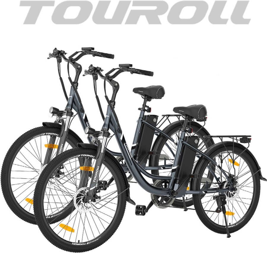 Touroll B1*2 elektrische stadsfiets 250watt motor 45 Nm koppel 26 × 1 95 banden 36volt 15 6Ah accu maximale actieradius 90km 7-speed Shi o versnellingsbak 5 ondersteuningsstanden 6 km u loopmodus mechanische schokdempers IPX4 Zwart
