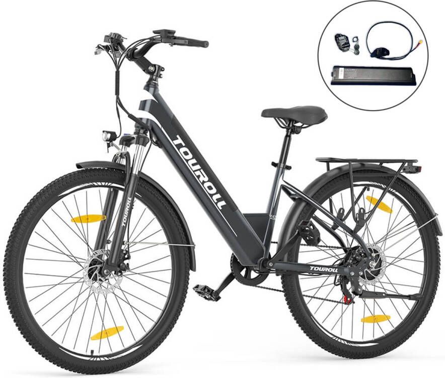 Touroll J1 ST 27 5 inch trekkingfiets met 250W motor 36V 15.6Ah batterij (max. 100km bereik) 1.8 LCD-display Shi o 7-speed en schijfrem . Geschenkverpakking bevat: een extra reservebatterij en een comfortabele duurzame fietshelm met vizier