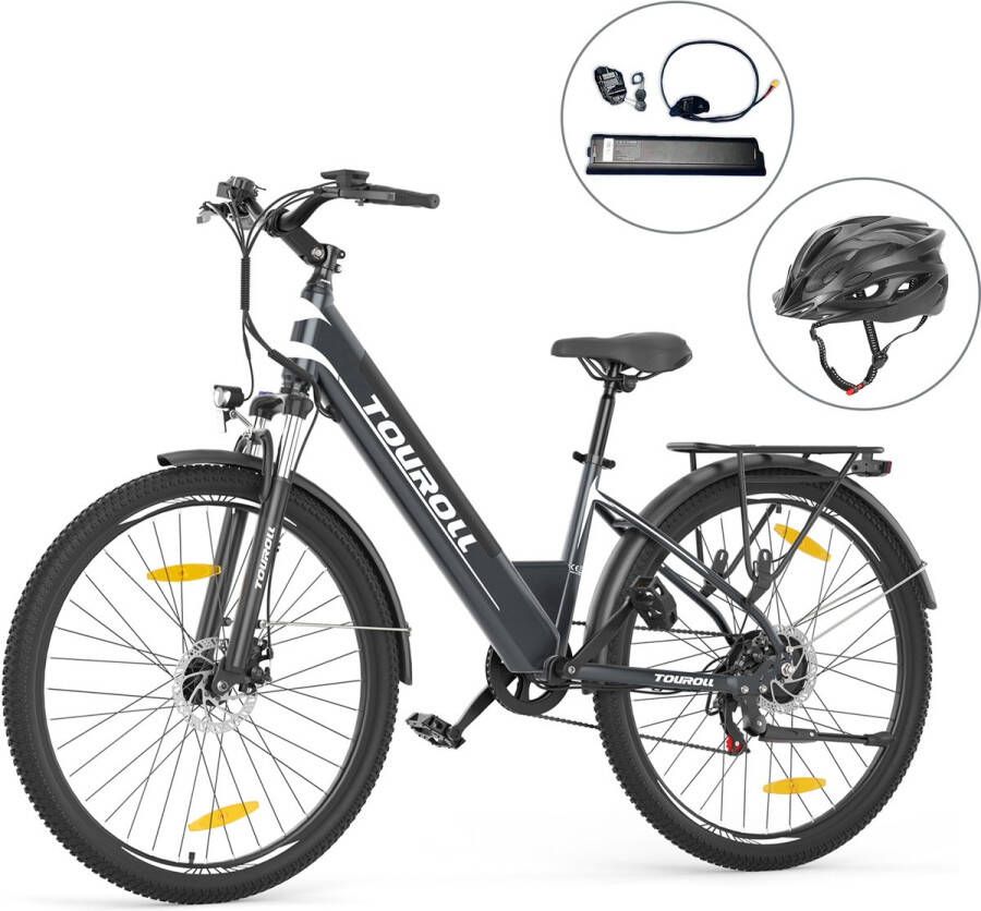 Touroll J1 ST 27 5 inch trekkingfiets met 250W motor 36V 15.6Ah batterij (max. 100km bereik) 1.8 LCD-display Shimano 7-speed en schijfremmen. Geschenkverpakking bevat: een extra reservebatterij en een comfortabele duurzame fietshelm met vizier