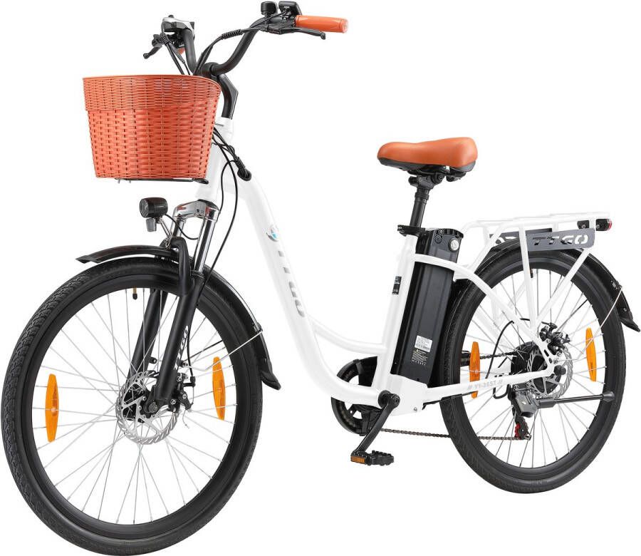 TTGO Elektrische Fiets YY-26ST Wit- 522Wh 15Ah Accu 75 km Bereik 250W Motor Instap Frame 26 Inch Wielen -Verende voorvork- Shi o 6 Versnellingen LCD Display Stadsfiets voor en