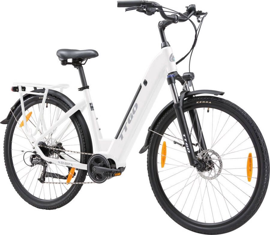 TTGO Elektrische Fiets ZZ 28ST Wit 720Wh 20Ah Accu 120 km Bereik 250W Middenmotor Aluminium Lage Instapframe 28 Inch Wielen Shi o 9 Versnellingen LCD Display Stadsfiets voor en
