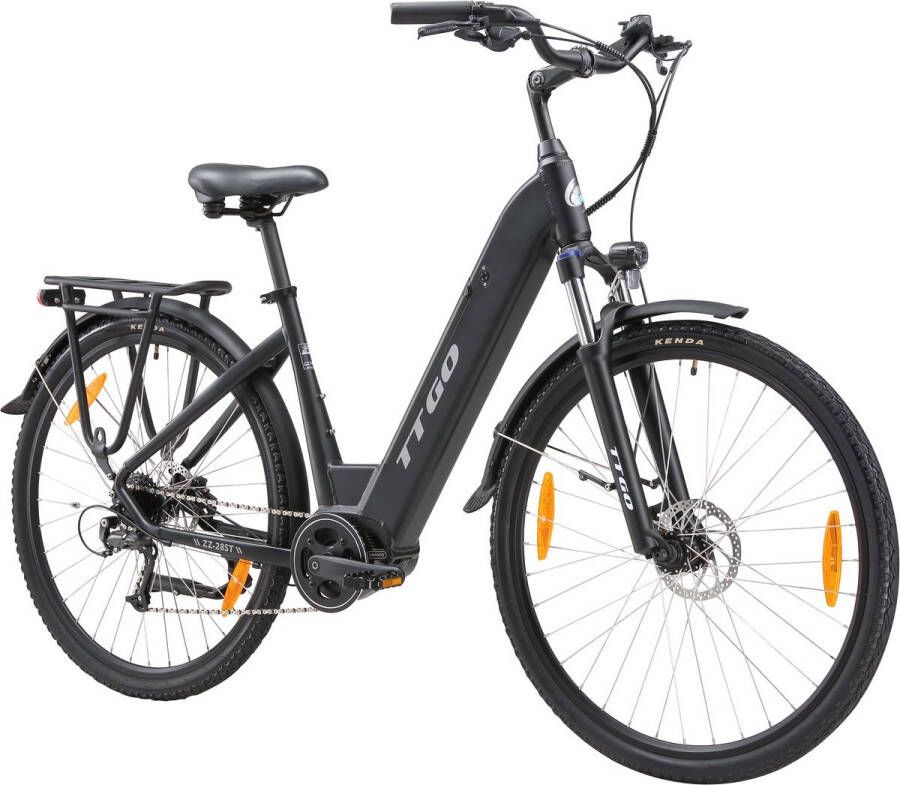 TTGO Elektrische Fiets ZZ 28ST Zwart 720Wh 20Ah Accu 120 km Bereik 250W Middenmotor Aluminium Lage Instapframe 28 Inch Wielen Shi o 9 Versnellingen LCD Display Stadsfiets voor en