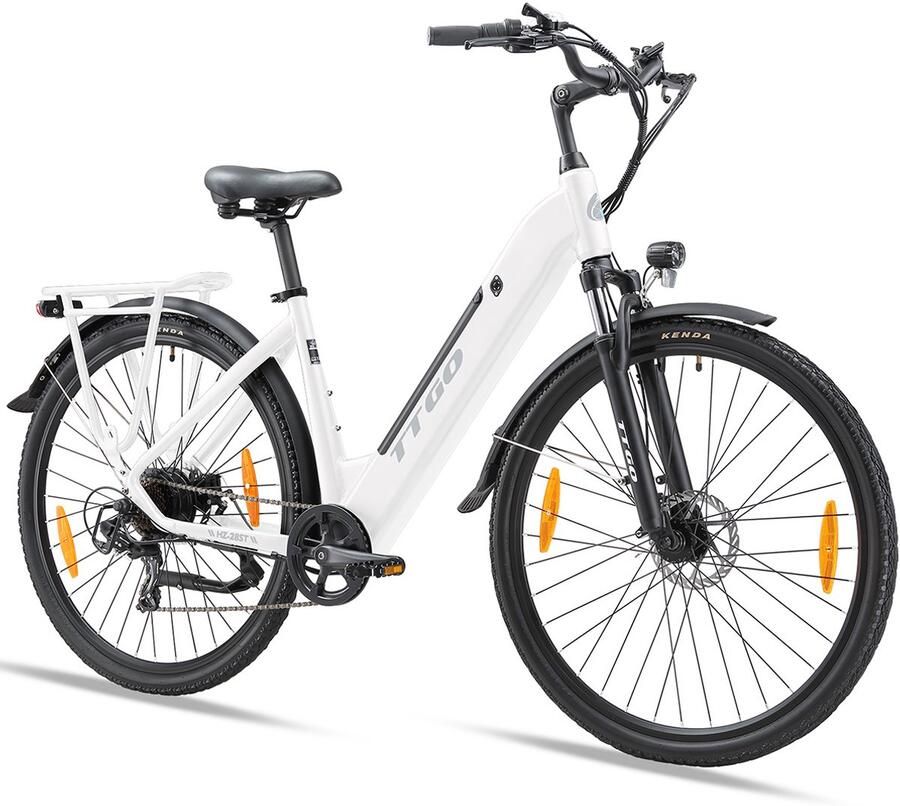 TTGO 【BLACK Friday Deals】Elektrische Fiets HZ-28ST 720Wh 20Ah Accu 110 km Bereik Aluminium Lage Instapframe 28 Inch Wielen- Shi o 7 Versnellingen Mechanische Schijfrem LCD Display Elektrische Stadsfiets Wit