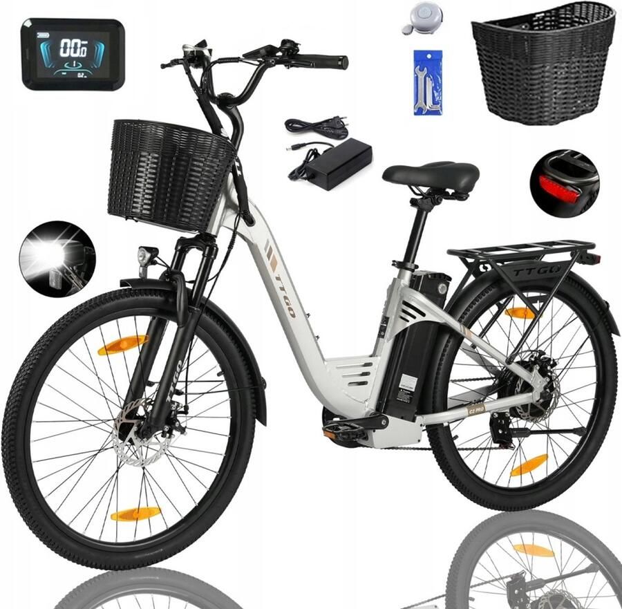 TTGO C2 Pro Elektrische Fiets – 250W Motor 36V 18Ah Accu 52Nm Koppel 120km Bereik 26 Banden Shi o 7s – Zilver