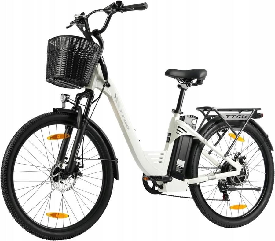 TTGO C2 Pro Elektrische Fiets Wit – 250W Motor 36V 18Ah Accu 52Nm Koppel 120km Bereik 26 Banden Shi o 7s V&R Bagagedrage