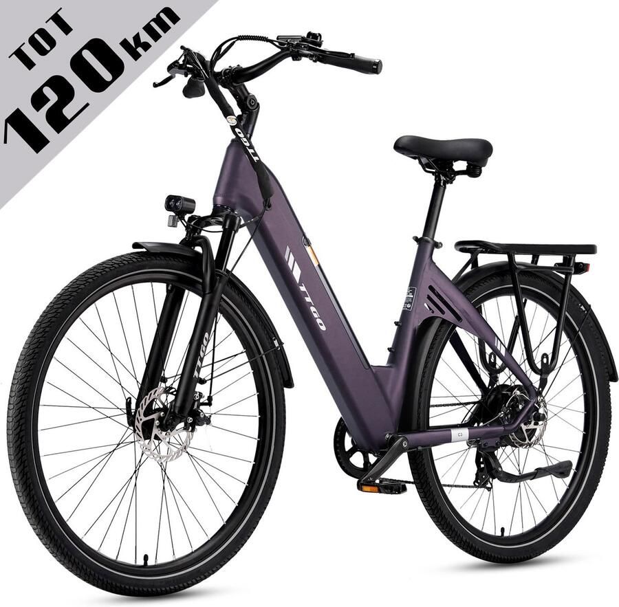 TTGO C3 Elektrische Fiets 28 Inch E-Bike Stadsfiets Tot 120 km Actieradius 648Wh Accu met Hoge Capaciteit Schijfrem Shi o 7 Versnellingen Aluminium Frame Maximaal Draagvermogen 125 kg Paars