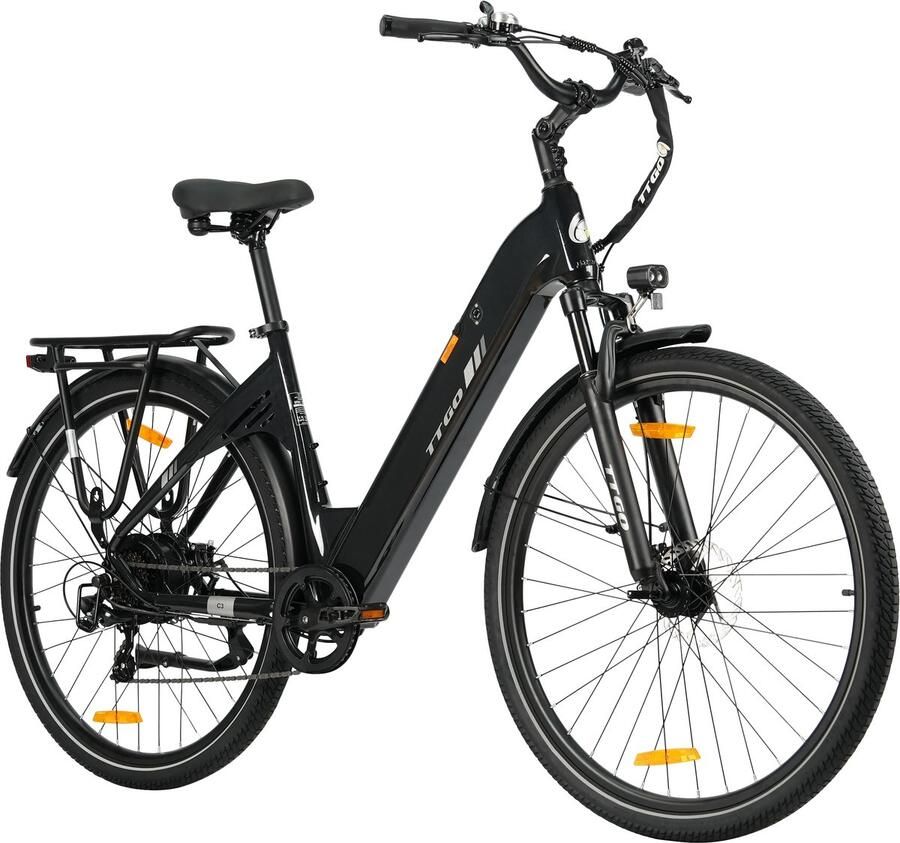 TTGO C3 SE 28 INCH Elektrische Stadsfiets 250W Motor 36V 18Ah Accu Aluminium Lage Instapframe 28×2.0 Inch Wielen Shi o 7 Versnellingen Max Bereik 80-120km Zwart