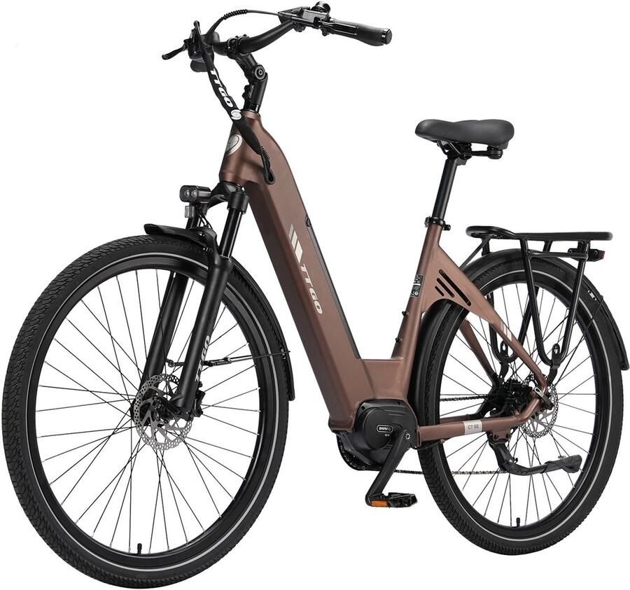 TTGO C7 SE Elektrische Stadsfiets 28 Banden 250W Bafang Middenmotor 36V18Ah Accu Bereik tot 140km Shi o 9 Versnellingen Bruin