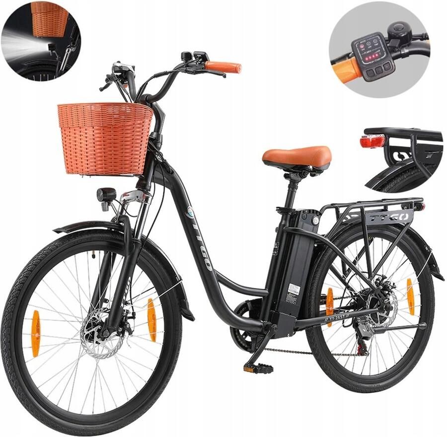 TTGO City E-Bike 26 – 250W Motor 75km Bereik 36V 14.5Ah Accu 6-Speed Shi o Schijfrem – Zwart