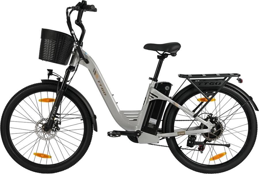 TTGO Elektrische Fiets C2 Pro 26 stadsfiets Tot 120 km Actieradius 36V 18Ah Accu Shi o 7 Versnellingen LCD Display Voorvorkvering Inclusief Bagagedrager en d zilver