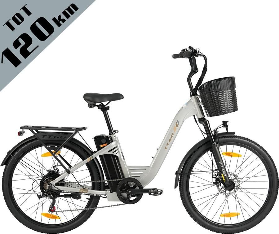 TTGO Elektrische Fiets C2 Pro 26 stadsfiets Tot 120 km Actieradius 36V 18Ah Accu Shi o 7 Versnellingen LCD Display Voorvorkvering Inclusief Bagagedrager en d zilver