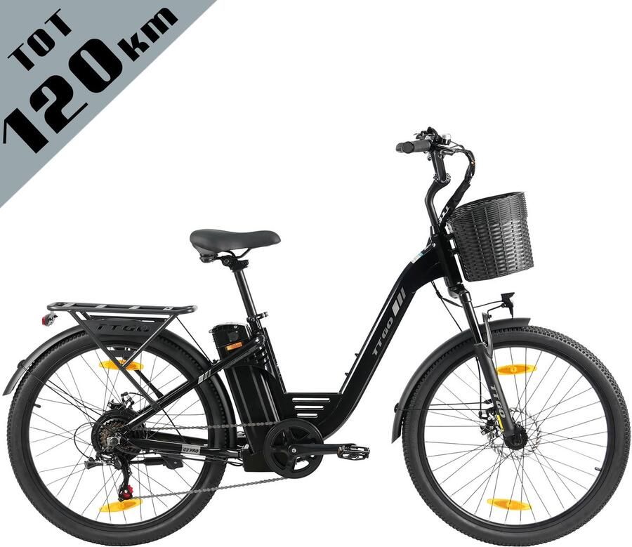 TTGO Elektrische Fiets C2 Pro 26 stadsfiets Tot 120 km Actieradius 36V 18Ah Accu Shi o 7 Versnellingen LCD Display Voorvorkvering Inclusief Bagagedrager en d zwart
