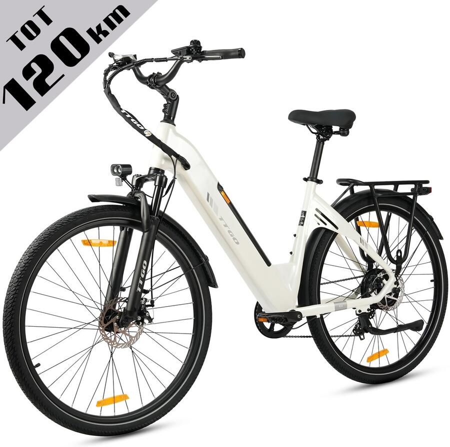 TTGO Elektrische Fiets C3 36V 18AH Accu Actieradius Tot 120 Km Aluminium Lage Instapframe 28×2.0 Inch Wielen Shi o 7 Versnellingen Mechanische Schijfrem LCD Display Elektrische Stadsfiets Wit