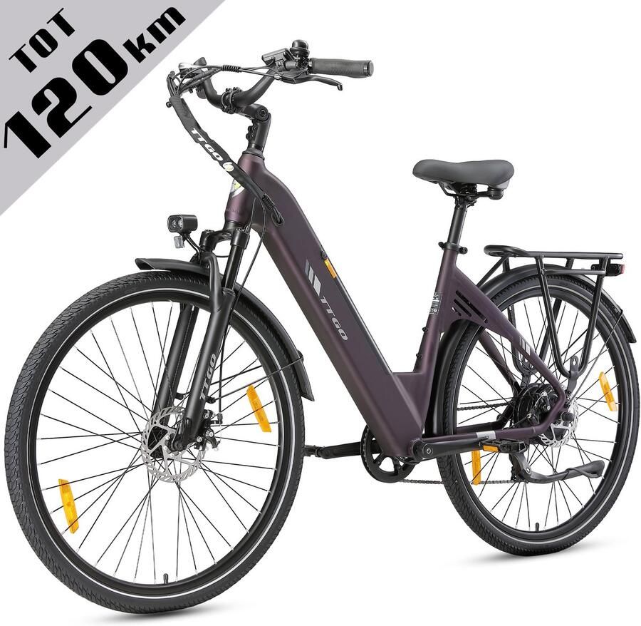 TTGO Elektrische Fiets C3 36V 18AH Accu Actieradius Tot 120 Km Aluminium Lage Instapframe 28×2.0 Inch Wielen Shi o 7 Versnellingen Mechanische Schijfrem LCD Display Elektrische Stadsfiets Lila