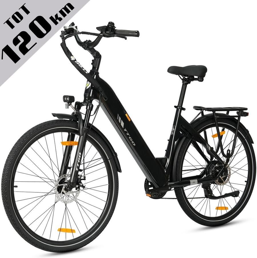 TTGO Elektrische Fiets C3 36V 18AH Accu Actieradius Tot 120 Km Aluminium Lage Instapframe 28×2.0 Inch Wielen Shi o 7 Versnellingen Mechanische Schijfrem LCD Display Elektrische Stadsfiets Zwart