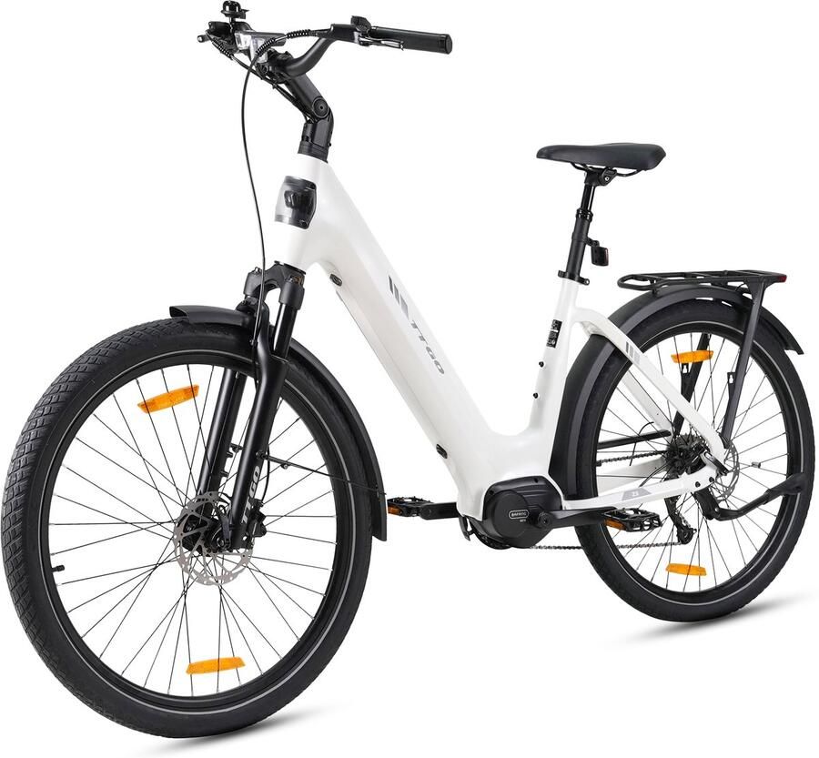 TTGO Elektrische Fiets Stadsfiets 27.5 Inch Middenmotor 18Ah Accu tot 120 km Shi o 9 Versnellingen Hydraulische Schijfrem Wit