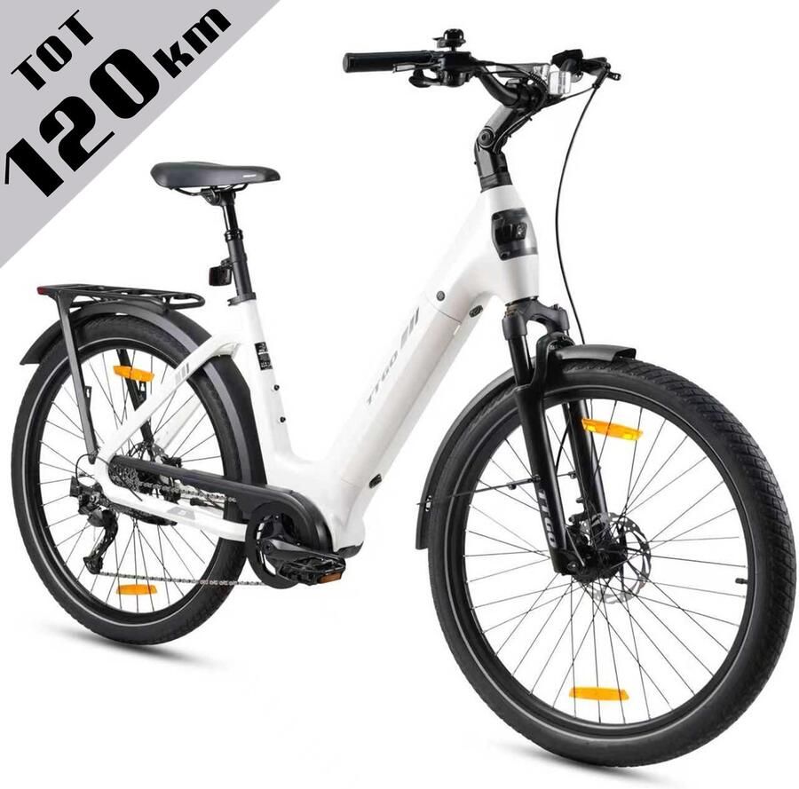 TTGO Elektrische Fiets Stadsfiets 27.5 Inch Middenmotor 18Ah Accu tot 120 km Shi o 9 Versnellingen Hydraulische Schijfrem Wit