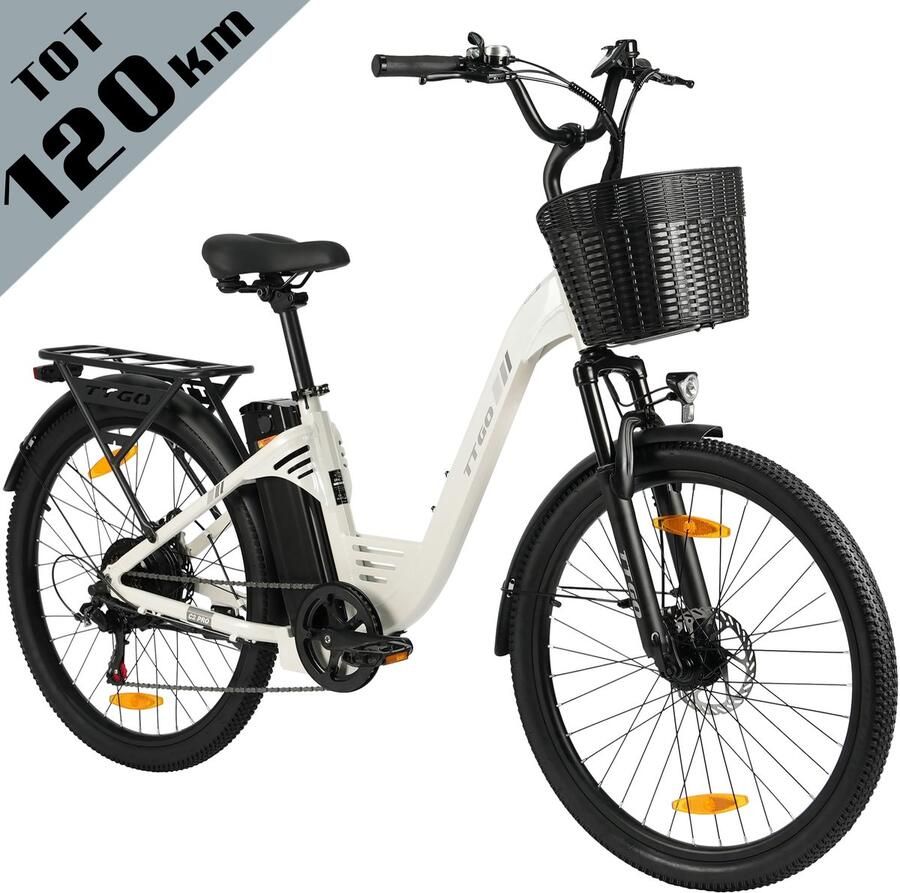 TTGO Elektrische Fiets Tot 120 km Actieradius 18Ah Accu 26 stadsfiets Shi o 7 Versnellingen LCD Display wit