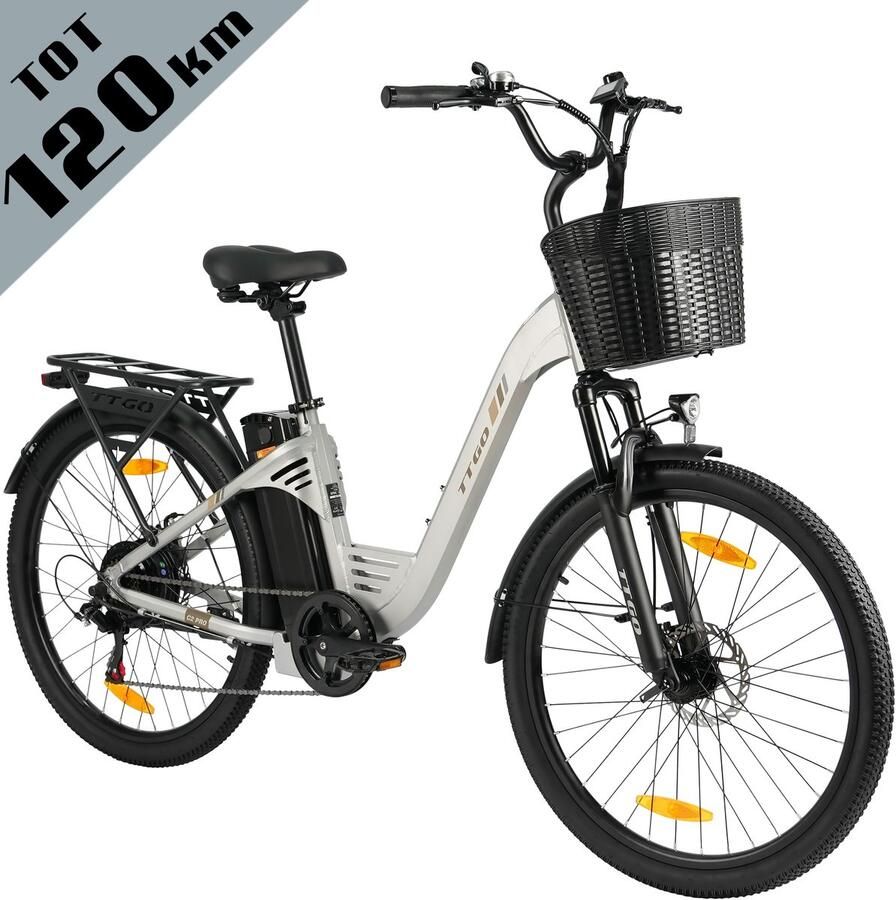 TTGO Elektrische Fiets Tot 120 km Actieradius 18Ah Accu 26 stadsfiets Shi o 7 Versnellingen LCD Display zilver
