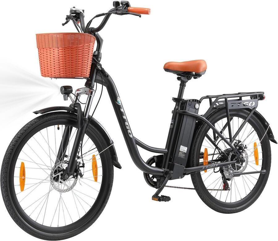 TTGO Elektrische Fiets YY-26ST Zwart- 522Wh 15Ah Accu 75 km Bereik 250W Motor Instap Frame 26 Inch Wielen -Verende voorvork- Shi o 6 Versnellingen LCD Display Stadsfiets voor en