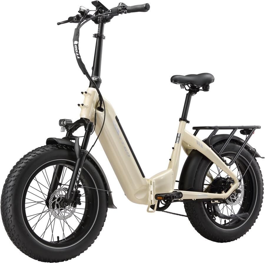 TTGO F6 Boost Elektrische Fiets – 250W Motor 48V18Ah Lithium Accu – Actieradius tot 140 km – Hydraulische Schijfrem – 20×4.0 inch Fatbike Banden Shi o 7 Versnellingen Vouwfiets Beige