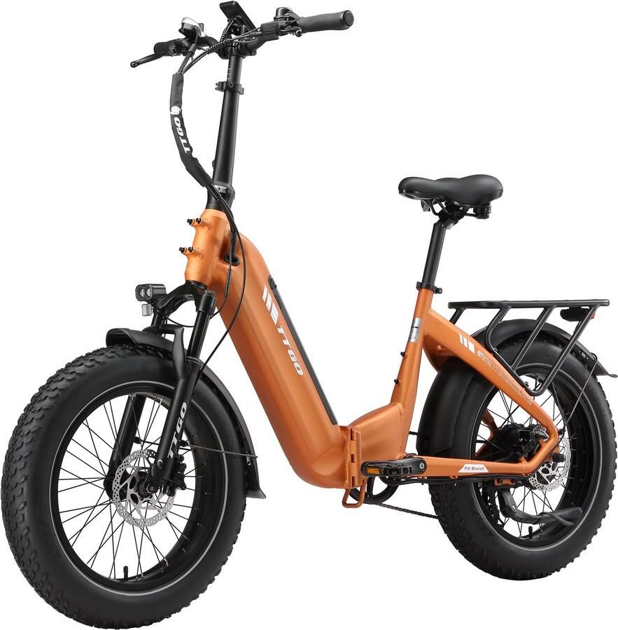TTGO F6 Boost Elektrische Fiets – 250W Motor 48V18Ah Lithium Accu – Actieradius tot 140 km – Hydraulische Schijfrem – 20×4.0 inch Fatbike Banden Shi o 7 Versnellingen Vouwfiets Oranje