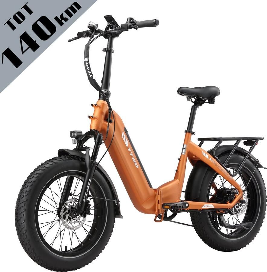 TTGO F6 Bost Elektrische Fiets – 48V 18Ah Lithium Accu – Actieradius tot 140 km – Opvouwbaar – 20×4.0 inch Fatbike Banden – Hydraulische Schijfrem –Aluminium Frame–48V 250W Achterwielmotor–Verende Voorvork met Lock-out–Elektrische Stadsfiets–Oranje