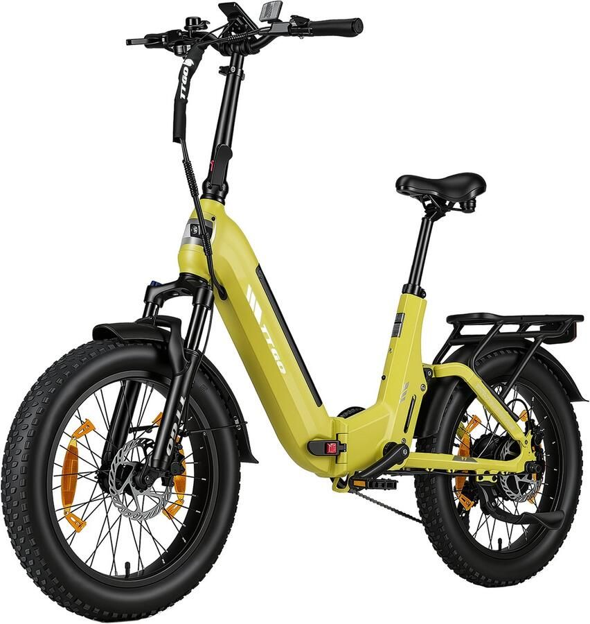 TTGO F7 Elektrische Fiets 20 Inch Banden 250W Motor 48V15Ah Accu Max Snelheid 25km u Max Bereik 100-120 km Shi o 7 Versnellingen Mosterdgeel